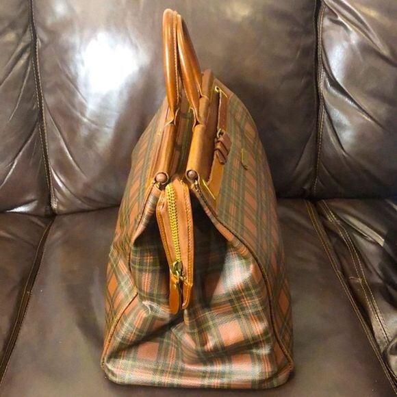 RALPH LAUREN Tartan Plaid Brown Green Doctor Bag Boston Weekend Travel Suitcase - Picture 5 of 17